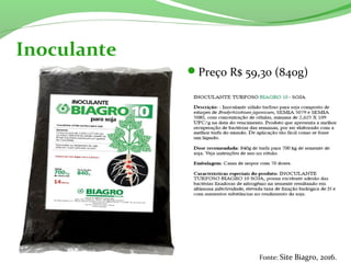 Inoculante
Preço R$ 59,30 (840g)
Fonte: Site Biagro, 2016.
 