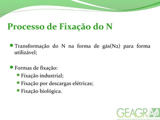 Processo de Fixação do N
Transformação do N na forma de gás(N2) para forma
utilizável;
Formas de fixação:
Fixação industrial;
Fixação por descargas elétricas;
Fixação biológica.
 