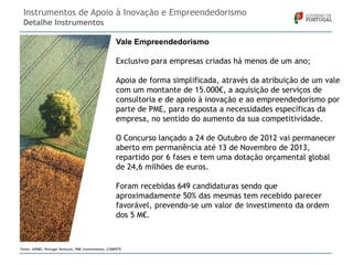 Instrumentos de Apoio à Inovação e Empreendedorismo
Detalhe Instrumentos
Vale Empreendedorismo
Exclusivo para empresas criadas há menos de um ano;
Apoia de forma simplificada, através da atribuição de um vale
com um montante de 15.000€, a aquisição de serviços de
consultoria e de apoio à inovação e ao empreendedorismo por
parte de PME, para resposta a necessidades específicas da
empresa, no sentido do aumento da sua competitividade.
O Concurso lançado a 24 de Outubro de 2012 vai permanecer
aberto em permanência até 13 de Novembro de 2013,
repartido por 6 fases e tem uma dotação orçamental global
de 24,6 milhões de euros.
Foram recebidas 649 candidaturas sendo que
aproximadamente 50% das mesmas tem recebido parecer
favorável, prevendo-se um valor de investimento da ordem
dos 5 M€.

Fonte: IAPMEI, Portugal Ventures, PME Investimentos, COMPETE

 