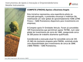 Instrumentos de Apoio à Inovação e Empreendedorismo
Detalhe Instrumentos
COMPETE (FINOVA) Apoios a Business Angels
Esta iniciativa representou uma experiência piloto no
mercado português, e pretendeu encorajar e mobilizar BA,
mobilizando um valor global de aproximadamente 43M€ (27M€
Finova + 16M€ Promotores) disponíveis para investimento em
empresas;
O Compete apoia 51 Entidades Veiculo. Foram já concedidos
109 financiamentos que permitiram apoiar 78 PME, num valor
global de investimento de cerca de 14M€, assegurando cerca
de 200 postos de trabalho altamente qualificado.
Considerando a execução atual foi concedido cerca de 34%
(9,1M€) do montante proposto pelo FINOVA, existindo ainda
uma disponibilidade para investimento de cerca de 30M€
(18M€ FINOVA + 12M€ Promotores).

Fonte: IAPMEI, Portugal Ventures, PME Investimentos, COMPETE

 