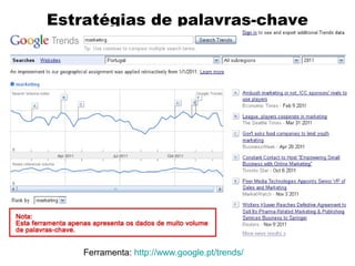 Estratégias de palavras-chave

Ferramenta: http://www.google.pt/trends/

 