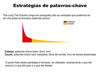 Estratégias de palavras-chave
The Long Tail (Cauda Longa em português) são as variações que podemos ter
de uma palavra-chave(ou palavras-chave).

Cabeça: palavras-chave base; ténis, livro
Cauda: palavras-chave com variações; ténis de corrida, livro de banda desenhada
O ponto forte desta estratégia é fornecer, ao utilizador, exactamente o que ele
procura, o que ele quer e o que ele deseja.

 