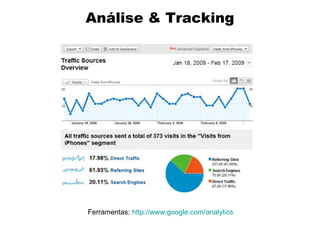 Análise & Tracking

Ferramentas: http://www.google.com/analytics

 
