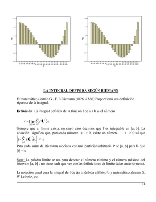 6,0                                                                6,0




       4,0                                                                4,0




       2,0                                                                2,0




                                                                   F(x)
F(x)




       0,0                                                                0,0




       -2,0                                                               -2,0




       -4,0                                                               -4,0




                                                                                 2,00
                                                                                 2,10
                                                                                 2,20
                                                                                 2,30
                                                                                 2,40
                                                                                 2,50
                                                                                 2,60
                                                                                 2,70
                                                                                 2,80
                                                                                 2,90
                                                                                 3,00
                                                                                 ,00
                                                                                 ,10
                                                                                 ,20
                                                                                 ,30
                                                                                 ,40
                                                                                 ,50
                                                                                 ,60
                                                                                 ,70
                                                                                 ,80
                                                                                 ,90
                                                                                 1,00
                                                                                 1,10
                                                                                 1,20
                                                                                 1,30
                                                                                 1,40
                                                                                 1,50
                                                                                 1,60
                                                                                 1,70
                                                                                 1,80
                                                                                 1,90
                  2,00
                  2,10
                  2,20
                  2,30
                  2,40
                  2,50
                  2,60
                  2,70
                  2,80
                  2,90
                  3,00
                  ,00
                  ,10
                  ,20
                  ,30
                  ,40
                  ,50
                  ,60
                  ,70
                  ,80
                  ,90
                  1,00
                  1,10
                  1,20
                  1,30
                  1,40
                  1,50
                  1,60
                  1,70
                  1,80
                  1,90




                                                  X                                X




                                                  LA INTEGRAL DEFINIDA SEGÚN RIEMANN

              El matemático alemán G . F. B Riemann (1826 -1866) Proporcionó una definición
              rigurosa de la integral.

              Definición: La integral definida de la función f de a a b es el número
                                          n
                                                     *
                      I     lim
                             p       0 i 1
                                              f xi       xi

              Siempre que el límite exista, en cuyo caso decimos que f es integrable en [a, b]. La
              ecuación significa que, para cada número     > 0, existe un número       > 0 tal que
                  n
                                 *
              I           f xi       xi       <
                  i 1

              Para cada suma de Riemann asociada con una partición arbitraria P de [a, b] para la que
               P <

              Nota: La palabra límite se usa para denotar el número mínimo y el número máximo del
              intervalo [a, b] y no tiene nada que ver con las definiciones de límite dadas anteriormente.

              La notación usual para la integral de f de a a b, debida al filósofo y matemático alemán G.
              W Leibniz, es:

                                                                                                       14
 