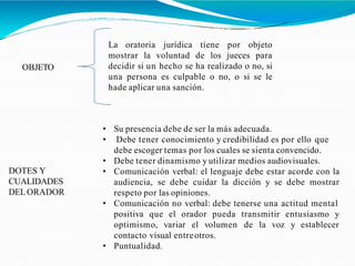OBJETO
La oratoria jurídica tiene por objeto
mostrar la voluntad de los jueces para
decidir si un hecho se ha realizado o no, si
una persona es culpable o no, o si se le
hade aplicar una sanción.
DOTES Y
CUALIDADES
DELORADOR
• Su presencia debe de ser la más adecuada.
• Debe tener conocimiento y credibilidad es por ello que
debe escoger temas por los cuales se sienta convencido.
• Debe tener dinamismo y utilizar medios audiovisuales.
• Comunicación verbal: el lenguaje debe estar acorde con la
audiencia, se debe cuidar la dicción y se debe mostrar
respeto por las opiniones.
• Comunicación no verbal: debe tenerse una actitud mental
positiva que el orador pueda transmitir entusiasmo y
de la voz y estableceroptimismo, variar el volumen
contacto visual entreotros.
• Puntualidad.
 