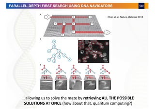 Chao et al, Nature Materials 2018
PARALLEL-DEPTH FIRST SEARCH USING DNA NAVIGATORS
…allowing us to solve the maze by retrieving ALL THE POSSIBLE
SOLUTIONS AT ONCE (how about that, quantum computing?)
 