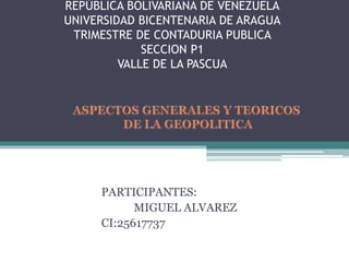 REPÚBLICA BOLIVARIANA DE VENEZUELA
UNIVERSIDAD BICENTENARIA DE ARAGUA
TRIMESTRE DE CONTADURIA PUBLICA
SECCION P1
VALLE DE LA PASCUA
PARTICIPANTES:
MIGUEL ALVAREZ
CI:25617737
 