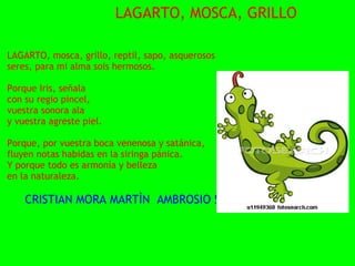        LAGARTO, MOSCA, GRILLO

LAGARTO, mosca, grillo, reptil, sapo, asquerosos
seres, para mi alma sois hermosos.
 
Porque Iris, señala
con su regio pincel,
vuestra sonora ala
y vuestra agreste piel.
 
Porque, por vuestra boca venenosa y satánica,
fluyen notas habidas en la siringa pánica.
Y porque todo es armonía y belleza
en la naturaleza. 
 
     CRISTIAN MORA MARTÌN  AMBROSIO 5A.
 