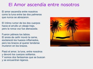 El Amor ascendía entre nosotros
El amor ascendía entre nosotros
como la luna entre las dos palmeras
que nunca se abrazaron.
 
El íntimo rumor de los dos cuerpos
hacia el arrullo un oleaje trajo,
pero la ronca voz fue atenazada.

Fueron pétreos los labios.
El ansia de ceñir movió la carne,
esclareció los huesos inflamados,
pero los brazos al querer tenderse
murieron en los brazos.
 
Pasó el amor, la luna, entre nosotros
y devoró los cuerpos solitarios.
Y somos dos fantasmas que se buscan
y se encuentran lejanos.
 