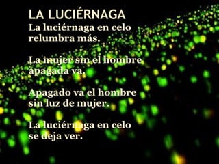 LA LUCIÉRNAGA
La luciérnaga en celo
relumbra más.
 
La mujer sin el hombre
apagada va.
 
Apagado va el hombre
sin luz de mujer.
 
La luciérnaga en celo
se deja ver.
 