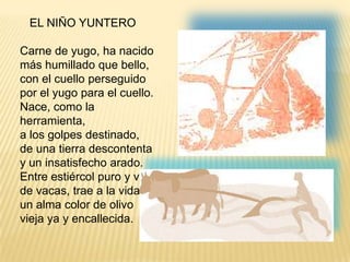 EL NIÑO YUNTEROCarne de yugo, ha nacido más humillado que bello, con el cuello perseguido por el yugo para el cuello. Nace, como la herramienta, a los golpes destinado, de una tierra descontenta y un insatisfecho arado. Entre estiércol puro y vivo de vacas, trae a la vida un alma color de olivo vieja ya y encallecida. 