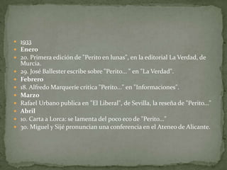 1933Enero20. Primera edición de "Perito en lunas", en la editorial La Verdad, de Murcia.29. José Ballester escribe sobre "Perito... " en "La Verdad".Febrero18. Alfredo Marqueríe critica "Perito..." en "Informaciones".MarzoRafael Urbano publica en "El Liberal", de Sevilla, la reseña de "Perito..."Abril10. Carta a Lorca: se lamenta del poco eco de "Perito..."30. Miguel y Sijé pronuncian una conferencia en el Ateneo de Alicante.