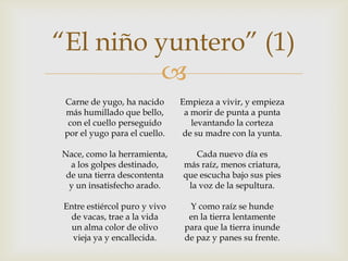 “El niño yuntero” (1)
         
 Carne de yugo, ha nacido      Empieza a vivir, y empieza
 más humillado que bello,       a morir de punta a punta
  con el cuello perseguido        levantando la corteza
 por el yugo para el cuello.   de su madre con la yunta.

Nace, como la herramienta,        Cada nuevo día es
  a los golpes destinado,      más raíz, menos criatura,
 de una tierra descontenta     que escucha bajo sus pies
  y un insatisfecho arado.      la voz de la sepultura.

Entre estiércol puro y vivo      Y como raíz se hunde
 de vacas, trae a la vida        en la tierra lentamente
  un alma color de olivo        para que la tierra inunde
  vieja ya y encallecida.       de paz y panes su frente.
 