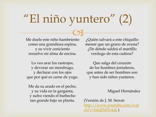 “El niño yuntero” (2)
         
Me duele este niño hambriento   ¿Quién salvará a este chiquillo
 como una grandiosa espina,     menor que un grano de avena?
     y su vivir ceniciento       ¿De dónde saldrá el martillo
 resuelve mi alma de encina.      verdugo de esta cadena?

  Lo veo arar los rastrojos,        Que salga del corazón
  y devorar un mendrugo,          de los hombres jornaleros,
   y declarar con los ojos       que antes de ser hombres son
que por qué es carne de yugo.     y han sido niños yunteros.

 Me da su arado en el pecho,
  y su vida en la garganta,                 Miguel Hernández
 y sufro viendo el barbecho
 tan grande bajo su planta.     (Versión de J. M. Serrat:
                                http://www.youtube.com/wat
                                ch?v=fdeJINHv4ak )
 