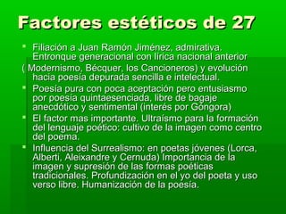 Factores estéticos de 27
 Filiación a Juan Ramón Jiménez, admirativa.
   Entronque generacional con lírica nacional anterior
( Modernismo, Bécquer, los Cancioneros) y evolución
   hacia poesía depurada sencilla e intelectual.
 Poesía pura con poca aceptación pero entusiasmo
   por poesía quintaesenciada, libre de bagaje
   anecdótico y sentimental (interés por Góngora)
 El factor mas importante. Ultraísmo para la formación
   del lenguaje poético: cultivo de la imagen como centro
   del poema.
 Influencia del Surrealismo: en poetas jóvenes (Lorca,
   Alberti, Aleixandre y Cernuda) Importancia de la
   imagen y supresión de las formas poéticas
   tradicionales. Profundización en el yo del poeta y uso
   verso libre. Humanización de la poesía.
 
