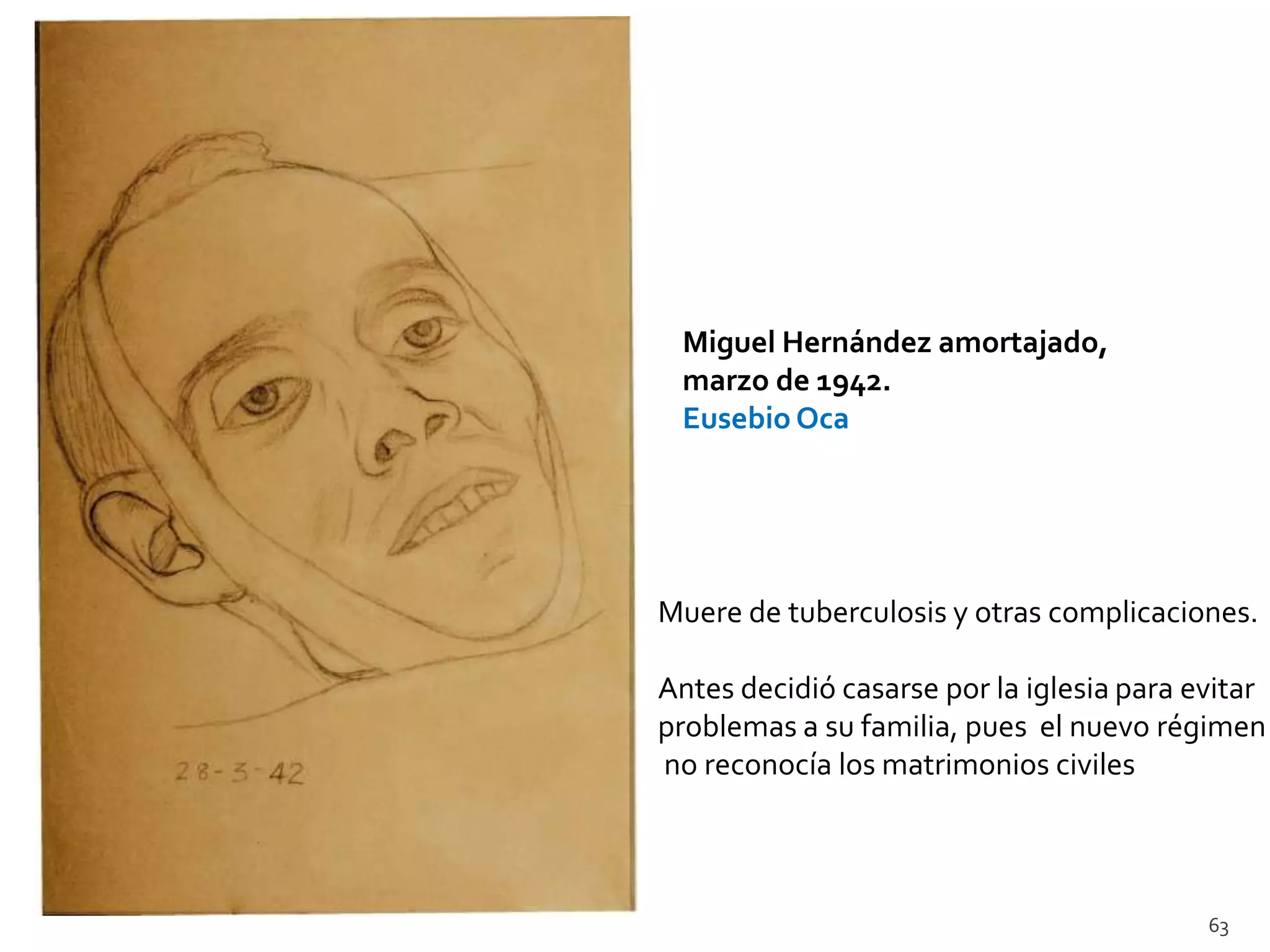 Miguel Hernández amortajado,
 marzo de 1942.
 Eusebio Oca




Muere de tuberculosis y otras complicaciones.

Antes decidió casarse por la iglesia para evitar
problemas a su familia, pues el nuevo régimen
no reconocía los matrimonios civiles



                                           63
 