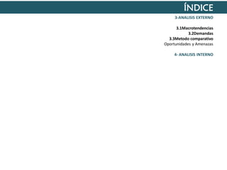 ÍNDICE
3-ANALISIS EXTERNO
3.1Macrotendencias
3.2Demandas
3.3Metodo comparativo
Oportunidades y Amenazas
4- ANALISIS INTERNO

 