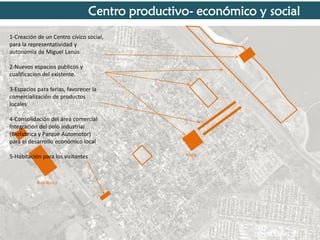 Centro productivo- económico y social
1-Creación de un Centro cívico social,
para la representatividad y
autonomía de Miguel Lanús
2-Nuevos espacios publicos y
cualificacion del existente.
3-Espacios para ferias, favorecer la
comercialización de productos
locales
4-Consolidación del área comercial
Integración del polo industrial
(Biofabrica y Parque Automotor)
para el desarrollo económico local

5-Habitación para los visitantes

Biofabrica

Plaza

 