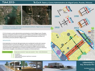 TIA4 2013-

Te.Ce.A- Teatro y Centro Administrativo de Miguel Lanús, Posadas, Misiones

Zona
trasbordo

1904

Contribuir al Desarrollo, Autonomía y Revitalización del Barrio Miguel Lanus, favoreciendo la
comunicación y participación social

El Te.Ce.A, teatro y centro administrativo está ubicado en el barrio Miguel Lanús, Posadas,
Misiones. El proyecto consiste en la creación de un edificio que fomente el desarrollo de la
actividad cultural local como así también un espacio administrativo para contribuir a la
centralidad y autonomía del Barrio Miguel Lanus.

1990

1910

2013
Uso del suelo
Residencial
Comercial
Equipamiento
Industrias
Area verde
Tejido
semicerrado
Tejido abierto
Centralidad

Dist principal
Ferrocarril

IMPLANTACIÓN

Costanera
Distsecundaria
Act economica

Está implantado en el área de ribera generada como resultado de las obras de la represa
Yacyreta ubicada en la provincia de Misiones. Ocupa un predio cuyo principal uso es el
recreativo y se encuentra próximo al edificio de la estación de Miguel Lanús de carácter
representativo de la identidad local. El proyecto pretende preservar la memoria colectiva y
el patrimonio intangible, conectándose con el pasado y la historia del barrio.
Creación de centralidad

Espacio para la autonomía + Espacio para recreación = Teatro + Centro Administrativo
Accesibilidad
Sinergia funcional
Espacio público culturalmente significativo y socializador
Representatividad

URBANISMO 3
Arq. Fernando Pini
Sconfienza, Stefania
4001-0126

 