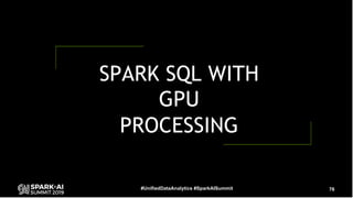 76#UnifiedDataAnalytics #SparkAISummit
SPARK SQL WITH
GPU
PROCESSING
 