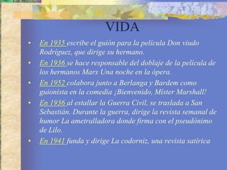 VIDAEn 1941 funda y dirige La codorniz, una revista satírica.En 1944 Mihura sigue como colaborador hasta 1947, cuando toma la decisión de abandonar la publicación.En 1956 gana el Premio Nacional de Teatro por la representación teatral de Tres sombreros de copaEn 1976 es elegido miembro de la Real Academia de la Lengua.En 1977 muere en Madrid (28 de octubre), de un coma hepático. Fue enterrado en San Sebastián.
