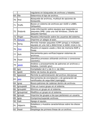regulares en búsquedas de archivos y listados.
69   file       Determina el tipo de archivo.
                Búsqueda de archivos, multitud de opciones de
70   find
                búsqueda.
                Busca un sistema de archivos por UUID o LABEL
71   findfs
                (etiqueta).
                Lista información sobre equipos que respondan a
72   findsmb    paquetes SMB. Lista una red Windows. (Parte del
                paquete Samba)
73   finger     Muestra información sobre los usuarios del sistema.
74   fortune    Imprime un adagio al azar.
                Permite mandar paquetes ICMP (pings) a múltiples
75   fping
                equipos en una red y determinar si están vivos o no.
                Muestra el espacio usado y libre de memoria RAM y
76   free
                Swap.
                Herramienta para verificar/reparar sistemas de
77   fsck
                archivos.
                Identifica procesos utilizando archivos o conexiones
78   fuser
                (sockets).
                Análisis y procesamiento de patrones en archivos y
79   gawk
                listados. (versión gnu)
80   gcc        Compilador de C y de C++ de GNU.
81   gedit      Editor de textos de gnome.
82   gpasswd    Permite la administración del archivo /etc/group
                Herramienta de encriptación y de generación de
83   gpg
                certificados de seguridad (opengpg).
84   grep       Busca patrones de cadenas dentro de archivos.
85   groupadd   Crea un nuevo grupo en el sistema.
86   groupdel   Elimina un grupo en el sistema.
87   groupmod   Modifica un grupo en el sistema.
88   groups     Imprime los grupos a los que pertenece un usuario.
89   gzip       Comprime/expande archivos.
90   halt       Apaga el equipo.
                Establece y muestra características sobre los discos
91   hdparm
                duros.
92   head       Despliega las primera líneas de un archivo.
 