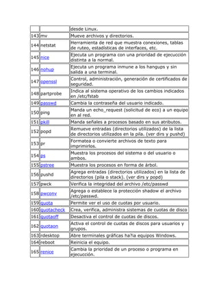 desde Linux.
143 mv           Mueve archivos y directorios.
                 Herramienta de red que muestra conexiones, tablas
144 netstat
                 de ruteo, estadísticas de interfaces, etc.
                 Ejecuta un programa con una prioridad de ejecucción
145 nice
                 distinta a la normal.
                 Ejecuta un programa inmune a los hangups y sin
146 nohup
                 salida a una terminal.
                 Control, administración, generación de certificados de
147 openssl
                 seguridad.
                 Indica al sistema operativo de los cambios indicados
148 partprobe
                 en /etc/fstab
149 passwd       Cambia la contraseña del usuario indicado.
                 Manda un echo_request (solicitud de eco) a un equipo
150 ping
                 en al red.
151 pkill        Manda señales a procesos basado en sus atributos.
                 Remueve entradas (directorios utilizados) de la lista
152 popd
                 de directorios utilizados en la pila. (ver dirs y pushd)
                 Formatea o convierte archivos de texto para
153 pr
                 imprimirlos.
                 Muestra los procesos del sistema o del usuario o
154 ps
                 ambos.
155 pstree       Muestra los procesos en forma de árbol.
                 Agrega entradas (directorios utilizados) en la lista de
156 pushd
                 directorios (pila o stack). (ver dirs y popd)
157 pwck         Verifica la integridad del archivo /etc/passwd
                 Agrega o establece la protección shadow el archivo
158 pwconv
                 /etc/passwd.
159 quota        Permite ver el uso de cuotas por usuario.
160 quotacheck   Crea, verifica, administra sistemas de cuotas de disco
161 quotaoff     Desactiva el control de cuotas de discos.
                 Activa el control de cuotas de discos para usuarios y
162 quotaon
                 grupos.
163 rdesktop     Abre terminales gráficas ha?ia equipos Windows.
164 reboot       Reinicia el equipo.
                 Cambia la prioridad de un proceso o programa en
165 renice
                 ejecucción.
 