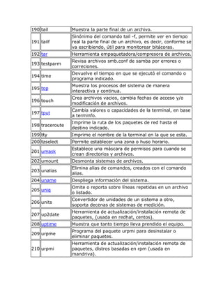 190 tail         Muestra la parte final de un archivo.
                 Sinónimo del comando tail -f, permite ver en tiempo
191 tailf        real la parte final de un archivo, es decir, conforme se
                 va escribiendo, útil para monitorear bitácoras.
192 tar          Herramienta empaquetadora/compresora de archivos.
                 Revisa archivos smb.conf de samba por errores o
193 testparm
                 correciones.
                 Devuelve el tiempo en que se ejecutó el comando o
194 time
                 programa indicado.
                 Muestra los procesos del sistema de manera
195 top
                 interactiva y continua.
                 Crea archivos vacios, cambia fechas de acceso y/o
196 touch
                 modificación de archivos.
                 Cambia valores o capacidades de la terminal, en base
197 tput
                 a terminfo.
                 Imprime la ruta de los paquetes de red hasta el
198 traceroute
                 destino indicado.
199 tty          Imprime el nombre de la terminal en la que se esta.
200 tzselect     Permite establecer una zona o huso horario.
                 Establece una máscara de permisos para cuando se
201 umask
                 crean directorios y archivos.
202 umount       Desmonta sistemas de archivos.
                 Elimina alias de comandos, creados con el comando
203 unalias
                 alias.
204 uname        Despliega información del sistema.
                 Omite o reporta sobre líneas repetidas en un archivo
205 uniq
                 o listado.
                 Convertidor de unidades de un sistema a otro,
206 units
                 soporta decenas de sistemas de medición.
                 Herramienta de actualización/instalación remota de
207 up2date
                 paquetes, (usada en redhat, centos).
208 uptime       Muestra que tanto tiempo lleva prendido el equipo.
                 Programa del paquete urpmi para desinstalar o
209 urpme
                 eliminar paquetes.
                 Herramienta de actualización/instalación remota de
210 urpmi        paquetes, distros basadas en rpm (usada en
                 mandriva).
 