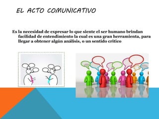 EL ACTO COMUNICATIVO
Es la necesidad de expresar lo que siente el ser humano brindan
facilidad de entendimiento la cual es una gran herramienta, para
llegar a obtener algún análisis, o un sentido critico
 