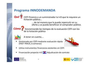 17
UNIÓN EUROPEA
Fondo Europeo de
Desarrollo Regional (FEDER)
Una manera de hacer Europa
UNIÓN EUROPEA
Fondo Europeo de
Desarrollo Regional (FEDER)
Una manera de hacer Europa
CDTI financia a un suministrador la I+D que le requiere un
licitación pública…
… de tal manera que la pueda repercutir en su
oferta y se pueda beneficiar el comprador público.
Sincronizando los tiempos de la evaluación CDTI con los
de la licitación pública
A tener en cuenta….
Gestionado por CDTI mediante evaluación rápida
(FAST-TRACK, 6 semanas)
Utiliza instrumentos financieros existentes en CDTI
Financiación proyecto I+D Adjudicación de contrato
Programa INNODEMANDA
Qué
Cómo
 