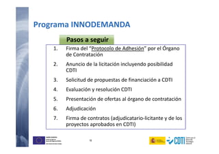 18
UNIÓN EUROPEA
Fondo Europeo de
Desarrollo Regional (FEDER)
Una manera de hacer Europa
UNIÓN EUROPEA
Fondo Europeo de
Desarrollo Regional (FEDER)
Una manera de hacer Europa
Programa INNODEMANDA
1. Firma del “Protocolo de Adhesión” por el Órgano
de Contratación
2. Anuncio de la licitación incluyendo posibilidad
CDTI
3. Solicitud de propuestas de financiación a CDTI
4. Evaluación y resolución CDTI
5. Presentación de ofertas al órgano de contratación
6. Adjudicación
7. Firma de contratos (adjudicatario-licitante y de los
proyectos aprobados en CDTI)
Pasos a seguir
 