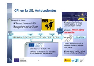 4
UNIÓN EUROPEA
Fondo Europeo de
Desarrollo Regional (FEDER)
Una manera de hacer Europa
UNIÓN EUROPEA
Fondo Europeo de
Desarrollo Regional (FEDER)
Una manera de hacer Europa
CPI en la UE. Antecedentes
Aprovecha el poder de
licitación pública de la UE
(Alcanza el 20% del PIB)
Iniciativa “Unión por la
Innovación”
Actúa desde el lado de la
demanda y no sólo desde el
de la oferta
Implantación rápida y eficaz
del uso de la Compra Pública
Invita al uso de PCP y PPI
Interés centrado en seis mercados
primordiales para el crecimiento
MEJORA DE COMPETITIVIDAD DE EUROPA
2000 2008 2010 2011
Estrategia de Lisboa
“Common Procurement” (CP)
Incremento del gasto en I+D para
que llegase al 3% del PIB en 2010
2010-2020
3%
España
 