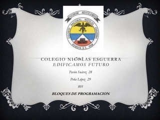 COLEGIO NICOLAS ESGUERRA
   EDIFICAMOS FUTURO
         Pavón Suárez 28
          Peña López 29
              801
   BLOQUES DE PROGRAMACION
 
