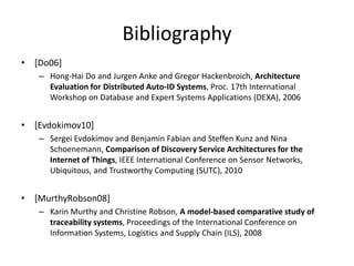 Bibliography
• [Do06]
   – Hong-Hai Do and Jurgen Anke and Gregor Hackenbroich, Architecture
     Evaluation for Distributed Auto-ID Systems, Proc. 17th International
     Workshop on Database and Expert Systems Applications (DEXA), 2006


• [Evdokimov10]
   – Sergei Evdokimov and Benjamin Fabian and Steffen Kunz and Nina
     Schoenemann, Comparison of Discovery Service Architectures for the
     Internet of Things, IEEE International Conference on Sensor Networks,
     Ubiquitous, and Trustworthy Computing (SUTC), 2010


• [MurthyRobson08]
   – Karin Murthy and Christine Robson, A model-based comparative study of
     traceability systems, Proceedings of the International Conference on
     Information Systems, Logistics and Supply Chain (ILS), 2008
 
