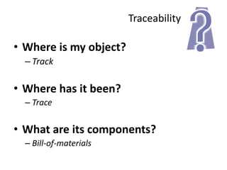 Traceability

• Where is my object?
  – Track

• Where has it been?
  – Trace


• What are its components?
  – Bill-of-materials
 