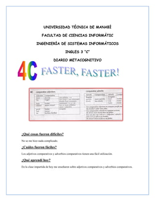 UNIVERSIDAD TÉCNICA DE MANABÍ

                  FACULTAD DE CIENCIAS INFORMÁTIC

             INGENIERÍA DE SISTEMAS INFORMÁTICOS

                                      INGLES 3 “C”

                            DIARIO METACOGNITIVO




¿Qué cosas fueron difíciles?
No se me hizo nada complicado.

¿Cuáles fueron fáciles?
Los adjetivos comparativos y adverbios comparativos tienen una fácil utilización.

¿Qué aprendí hoy?
En la clase impartida de hoy me enseñaron sobre adjetivos comparativos y adverbios comparativos.
 
