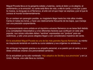 Miguel Poveda lleva en la garganta soleás y bulerías, canta al dolor y a la alegría, al
sentimiento y a la emoción, su cante está lleno de vida, a ella le canta, y vive por y para
la música, su lenguaje es el flamenco, el arte con el que mejor se expresa y por el que le
conoce el mundo fundamentalmente.

Es un cantaor sin parangón posible, su magisterio llega hasta los más altos niveles.
Canta en todos los tonos, y hace uso relativamente frecuente de los bajos, que maneja
con una precisión sorprendente.

El reconocimiento como artista en el riquísimo universo flamenco no es tarea fácil debido
a su complejidad interpretativa y a los diferentes factores que confluyen en este arte
popular, sus raíces culturales deben “sentirse” expresadas con “jondura” para ser
auténticas, y sólo unos pocos elegidos llegan a ser considerados maestros del cante.

En la actualidad Miguel Poveda es una de las más grandes figuras flamencas; su mérito
es mayúsculo teniendo en cuenta su cuna catalana y sus orígenes no andaluces.

Sin embargo ha logrado gracias a su empeño personal, a su pasión por el cante y a sus
dotes artísticas crearse una personalidad cantando.

En la actualidad ya ha sido nombrado “Hijo adoptivo de Sevilla y sus provincias” y en La
Unión, Murcia, una calle lleva su nombre.
 