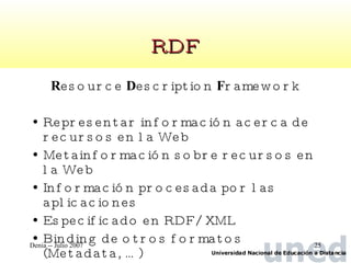 RDF R esource  D escription  F ramework Representar información acerca de recursos en la Web Metainformación sobre recursos en la Web Información procesada por las aplicaciones Especificado en RDF/XML Binding de otros formatos (Metadata, …) 