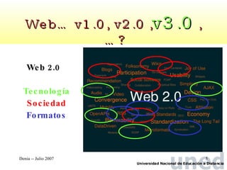 Web… v1.0, v2.0 , v3.0  ,…? Web 2.0   Tecnología Sociedad Formatos 