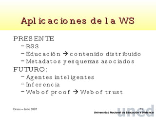 Aplicaciones de la WS PRESENTE RSS Educación    contenido distribuido Metadatos y esquemas asociados FUTURO: Agentes inteligentes Inferencia Web of proof    Web of trust 