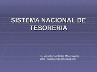 SISTEMA NACIONAL DE
     TESORERIA



       Dr. Miguel Angel Salas Macchiavello
       salas_macchiavello@hotmail.com


                                             1
 