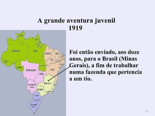 A grande aventura juvenil 1919  Foi então enviado, aos doze anos, para o Brasil (Minas Gerais), a fim de trabalhar numa fazenda que pertencia a um tio. 