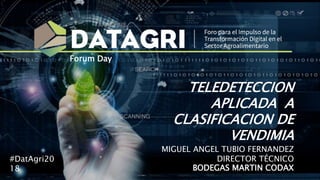 TELEDETECCION
APLICADA A
CLASIFICACION DE
VENDIMIA
MIGUEL ANGEL TUBIO FERNANDEZ
DIRECTOR TÉCNICO
BODEGAS MARTIN CODAX
#DatAgri20
18
Forum Day
 