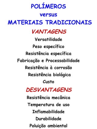 POLÍMEROS versus  MATERIAIS TRADICIONAIS VANTAGENS Versatilidade Peso específico Resistência específica Fabricação e Processabilidade Resistência à corrosão Resistência biológica Custo DESVANTAGENS Resistência mecânica Temperatura de uso Inflamabilidade Durabilidade Poluição ambiental 