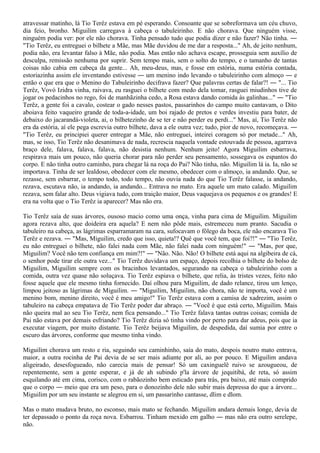 atravessar matinho, lá Tio Terêz estava em pé esperando. Consoante que se sobreformava um céu chuvo,
dia feio, bronho. Miguilim carregava à cabeça o tabuleirinho. E não chorava. Que ninguém visse,
ninguém podia ver: por ele não chorava. Tinha pensado tudo que podia dizer e não fazer? Não tinha. ―
"Tio Terêz, eu entreguei o bilhete a Mãe, mas Mãe duvidou de me dar a resposta..." Ah, de jeito nenhum,
podia não, era levantar falso à Mãe, não podia. Mas então não achava escape, prosseguia sem auxílio de
desculpa, remissão nenhuma por suprir. Sem tempo mais, sem o solto do tempo, e o tamanho de tantas
coisas não cabia em cabeça da gente... Ah, meu-deus, mas, e fosse em estória, numa estória contada,
estoriazinha assim ele inventando estivesse ― um menino indo levando o tabuleirinho com almoço ― e
então o que era que o Menino do Tabuleirinho decifrava fazer? Que palavras certas de falar?! ― "... Tio
Terêz, Vovó Izidra vinha, raivava, eu rasguei o bilhete com medo dela tomar, rasguei miudinhos tive de
jogar os pedacinhos no rego, foi de manhãzinha cedo, a Rosa estava dando comida às galinhas..." ― "Tio
Terêz, a gente foi a cavalo, costear o gado nesses pastos, passarinhos do campo muito cantavam, o Dito
aboiava feito vaqueiro grande de toda-a-idade, um boi rajado de pretos e verdes investiu para bater, de
debaixo do jacarandá-violeta, ai, o bilhetezinho de se ter e não perder eu perdi..." Mas, aí, Tio Terêz não
era da estória, aí ele pega escrevia outro bilhete, dava a ele outra vez; tudo, pior de novo, recomeçava. ―
"Tio Terêz, eu principiei querer entregar a Mãe, não entreguei, inteirei coragem só por metade..." Ah,
mas, se isso, Tio Terêz não desanimava de nada, recrescia naquela vontade estouvada de pessoa, agarrava
braço dele, falava, falava, falava, não desistia nenhum. Nenhum jeito! Agora Miguilim esbarrava,
respirava mais um pouco, não queria chorar para não perder seu pensamento, sossegava os espantos do
corpo. E não tinha outro caminho, para chegar lá na roça do Pai? Não tinha, não. Miguilim lá ia. Ia, não se
importava. Tinha de ser lealdoso, obedecer com ele mesmo, obedecer com o almoço, ia andando. Que, se
rezasse, sem esbarrar, o tempo todo, todo tempo, não ouvia nada do que Tio Terêz falasse, ia andando,
rezava, escutava não, ia andando, ia andando... Entrava no mato. Era aquele um mato calado. Miguilim
rezava, sem falar alto. Deus vigiava tudo, com traição maior, Deus vaquejava os pequenos e os grandes! E
era na volta que o Tio Terêz ia aparecer? Mas não era.

Tio Terêz saía de suas árvores, ousoso macio como uma onça, vinha para cima de Miguilim. Miguilim
agora rezava alto, que doideira era aquela? E nem não pôde mais, estremeceu num pranto. Sacudia o
tabuleiro na cabeça, as lágrimas esparramaram na cara, sufocavam o fôlego da boca, ele não encarava Tio
Terêz e rezava. ― "Mas, Miguilim, credo que isso, quieta!? Quê que você tem, que foi?!" ― "Tio Terêz,
eu não entreguei o bilhete, não falei nada com Mãe, não falei nada com ninguém!" ― "Mas, por que,
Miguilim? Você não tem confiança em mim?!" ― "Não. Não. Não! O bilhete está aqui na algibeira de cá,
o senhor pode tirar ele outra vez..." Tio Terêz duvidava um espaço, depois recolhia o bilhete do bolso de
Miguilim, Miguilim sempre com os bracinhos levantados, segurando na cabeça o tabuleirinho com a
comida, outra vez quase não soluçava. Tio Terêz espiava o bilhete, que relia, às tristes vezes, feito não
fosse aquele que ele mesmo tinha fornecido. Daí olhou para Miguilim, de dado relance, tirou um lenço,
limpou jeitoso as lágrimas de Miguilim. ― "Miguilim, Miguilim, não chora, não te importa, você é um
menino bom, menino direito, você é meu amigo!" Tio Terêz estava com a camisa de xadrezim, assim o
tabuleiro na cabeça empatava de Tio Terêz poder dar abraço. ― "Você é que está certo, Miguilim. Mais
não queira mal ao seu Tio Terêz, nem fica pensando..." Tio Terêz falava tantas outras coisas; comida de
Pai não estava por demais esfriando? Tio Terêz dizia só tinha vindo por perto para dar adeus, pois que ia
executar viagem, por muito distante. Tio Terêz beijava Miguilim, de despedida, daí sumia por entre o
escuro das árvores, conforme que mesmo tinha vindo.

Miguilim chorava um resto e ria, seguindo seu caminhinho, saía do mato, despois noutro mato entrava,
maior, a outra rocinha de Pai devia de se ser mais adiante por ali, ao por pouco. E Miguilim andava
aligeirado, desesfogueado, não carecia mais de pensar! Só um caxinguelê ruivo se azougueou, de
repentemente, sem a gente esperar, e já de ah subindo p'la árvore de jequitibá, de reta, só assim
esquilando até em cima, corisco, com o rabãozinho bem esticado para trás, pra baixo, até mais comprido
que o corpo ― meio que era um peso, para o donozinho dele não subir mais depressa do que a árvore...
Miguilim por um seu instante se alegrou em si, um passarinho cantasse, dlim e dlom.

Mas o mato mudava bruto, no esconso, mais mato se fechando. Miguilim andara demais longe, devia de
ter depassado o ponto da roça nova. Esbarrou. Tinham mexido em galho ― mas não era outro serelepe,
não.
 