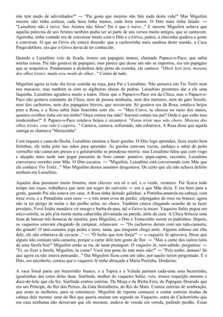 não tem medo de adivinhados?" ― "Pai gosta que menino não fale nada desta vida!" Mas Miguilim
mesmo não tinha certeza, cada hora tinha menos, cada hora menos. O Dito mais tinha falado: ―
"Luisaltino não é ruivo. Seo Aristeu não falou? Pai é que é ruivo..." E mesmo Miguilim achava que
aquelas palavras de seo Aristeu também podia ser só parte de uns versos muito antigos, que se cantavam.
Agorinha, tinha vontade era de conversar muito com o Dito e o Grivo, juntos, a chuvinha ajudava a gente
a conversar. O que ao Grivo ele estava dizendo: que a cachorrinha mais saudosa deste mundo, a Cuca
Pingo-deOuro, era que o Grivo devia de ter conhecido.

Quando o Luisaltino veio de ficada, trouxe um papagaio manso, chamado Papaco-o-Paco, que sabia
muitas coisas. Pai não gostava de papagaio; mas parece que desse um não se importou, era um papagaio
que se respeitava. Penduraram a alcândora dele perto da cozinha, ele cantava: "Olerê lerê lerá, morena
dos olhos tristes, muda esse modo de olhar..." Comia de tudo.

Miguilim agora ia todo dia levar comida na roça, para Pai e Luisaltino. Não pensava em Tio Terêz nem
nos macacos; mas também ia com as algibeiras cheias de pedras. Luisaltino prometeu dar a ele uma
faquinha. Luisaltino agradava muito a todos. Disse que o Papaco-o-Paco era da Chica, mas o Papaco-o-
Paco não gostava constante da Chica, nem de pessoa nenhuma, nem dos meninos, nem do gato Sossõe,
nem dos cachorros, nem dos papagaios bravos, que sovoavam. Só gostava era da Rosa, estalava beijos
para a Rosa, e a Rosa sabia falar boazinha com ele: ― "Meu Cravo, tu chocou no meio dos matos,
quantos ovinhos tinha em teu ninho? Onça comeu tua mãe? Sucruiú comeu teu pai? Onde é que estão teus
irmãozinhos?" E Papaco-o-Paco estalava beijos e recantava: "Estou triste mas não choro. Morena dos
olhos tristes, esta vida é caipora..." Cantava, cantava, sofismado, não esbarrava. A Rosa disse que aquela
cantiga se chamava "Mariazinha".

Com taquara e cana-de-flecha, Luisaltino ensinou a fazer gaiolas. O Dito logo aprendeu, fazia muito bem
feitinhas, ele tinha jeito nas mãos para aprender. As gaiolas estavam vazias, sanhaço e sabiá do peito
vermelho não cantavam presos e o gaturaminho se prendesse morria: mas Luisaltino falou que com visgo
e alçapão mais tarde iam pegar passarim de bom cantar: patativo, papa-capim, encontro. Luisaltino
conversava sozinho com Mãe. O Dito escutou. ― "Miguilim, Luisaltino está conversando com Mãe que
ele conhece Tio Terêz..." Mas Miguilim desses assuntos desgostava. De certo que ele não achava defeito
nenhum em Luisaltino.

Aqueles dias passaram muito bonitos, nem choveu: era só o sol, e o verde, veranico. Pai ficava todo
tempo nas roças, trabalhava que nem um negro do cativeiro ― era o que Mãe dizia. E era bom para a
gente, quando Pai não estava em casa. A Rosa tinha deitado galinhas: a Pintinha-amarela-na-cabeça, com
treze ovos, e a Pintadinha com onze ― e três eram ovos de perdiz, silpingados de roxo no branco; agora
não ia ter perigo de melar e dar piolho nelas, no choco. Também estava chegando ocasião de se fazer
presépio, Vovó Izidra mandava vir musgo e barba-de-pau, até o Grivo ia trazer. Vaqueiro Salúz pegou um
mico-estrela, se pôs p'ra morar numa cabacinha alevantada na parede, atrás da casa. A Chica brincou uma
festa de batizar três bonecas de mentira, para Miguilim, o Dito e Tomezinho serem os padrinhos. Depois,
os vaqueiros estavam chegando de campear, relatavam: ― "Os cachorros deram com um tatú-canastra,
tão grande! O tatú-canastra joga pedra e terra, tanta, que ninguém chega atrás. Alguém subisse em riba
dele, ele não esbarrava de cavacar..." ― "Ô bicho que tem força!" ― o vaqueiro Jé aprovava. Disse que
alguns não comiam tatú-canastra, porque a carne dele tem gosto de flor. ― "Mas a carne dos outros tatús
dá uma farofa boa!" Miguilim então se ria, de tanta poetagem. O vaqueiro Jé, sem-sabido, perguntou: ―
"Ei, eu fizer a farofa, Miguilim, tu come? Você tem pena do tatú mais não?" ― "Pois tenho, demais! Só
que agora eu não estava pensando..." Daí Miguilim ficou com um ódio, por aquilo terem perguntado. E o
Dito, em encoberto, contou que o vaqueiro Jé tinha abraçado a Maria Pretinha. Doideiras.

A vaca Sinsã pariu um bezerrinho branco, e a Tapira e a Veluda pariram cada-uma uma bezerrinha,
igualzinhas das cores delas duas. Siarlinda, mulher do vaqueiro Salúz, veio, trouxe requeijão moreno e
doce-de-leite que ela fez. Siarlinda contou estórias. Da Moça e da Bicha-Fera, do Papagaio Dourado que
era um Príncipe, do Rei dos Peixes, da Gata Borralheira, do Rei do Mato. Contou estórias de sombração,
que eram as melhores, para se estremecer. Miguilim de repente começou a contar estórias tiradas da
cabeça dele mesmo: uma do Boi que queria ensinar um segredo ao Vaqueiro, outra do Cachorrinho que
em casa nenhuma não deixavam que ele morasse, andava de vereda em vereda, pedindo perdão. Essas
 