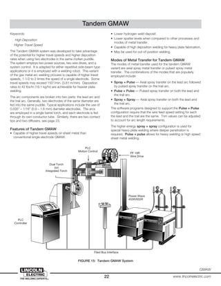 22 www.lincolnelectric.com
GMAW
• Lower hydrogen weld deposit.
• Lower spatter levels when compared to other processes and
modes of metal transfer.
• Capable of high deposition welding for heavy plate fabrication.
• May be used for out-of-position welding.
Modes of Metal Transfer for Tandem GMAW
The modes of metal transfer used for the tandem GMAW
variant are axial spray metal transfer or pulsed spray metal
transfer. The combinations of the modes that are popularly
employed include:
• Spray + Pulse — Axial spray transfer on the lead arc followed
by pulsed spray transfer on the trail arc.
• Pulse + Pulse — Pulsed spray transfer on both the lead and
the trail arc.
• Spray + Spray — Axial spray transfer on both the lead and
the trail arc.
The software programs designed to support the Pulse + Pulse
configuration require that the wire feed speed setting for each
the lead and the trail are the same. Trim values can be adjusted
to account for arc length requirements.
The higher energy spray + spray configuration is used for
special heavy plate welding where deeper penetration is
required. Pulse + pulse allows for heavy welding or high speed
sheet metal welding.
FIGURE 15: Tandem GMAW System
Tandem GMAW
PF 10R
Wire Drive
PLC
Motion Control
Dual Torch
(or)
Integrated Torch
Power Wave
455R/655R
PLC
Controller
Filed Bus Interface
Keywords:
High Deposition
Higher Travel Speed
The Tandem GMAW system was developed to take advantage
of the potential for higher travel speeds and higher deposition
rates when using two electrodes in the same molten puddle.
The system employs two power sources, two wire drives, and a
system control. It is adapted for either repetitive side-beam type
applications or it is employed with a welding robot. This variant
of the gas metal arc welding process is capable of higher travel
speeds, 1-1/2 to 2 times the speed of a single electrode. Some
travel speeds may exceed 150”/min. (3.81 m/min). Deposition
rates to 42 lbs/hr (19.1 kg/hr) are achievable for heavier plate
welding.
The arc components are broken into two parts: the lead arc and
the trail arc. Generally, two electrodes of the same diameter are
fed into the same puddle. Typical applications include the use of
0.035” – 1/16” (0.9 – 1.6 mm) diameter electrodes. The arcs
are employed in a single barrel torch, and each electrode is fed
through its own conductor tube. Similarly, there are two contact
tips and two diffusers, see page 23.
Features of Tandem GMAW
• Capable of higher travel speeds on sheet metal than
conventional single electrode GMAW.
 