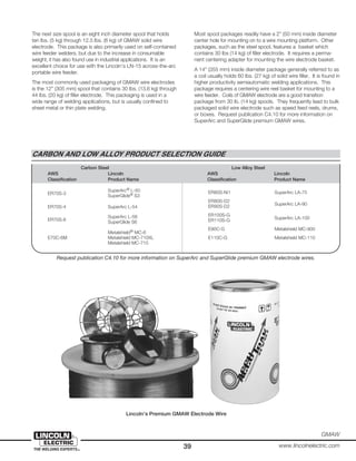 Carbon Steel Low Alloy Steel
AWS Lincoln AWS Lincoln
Classification Product Name Classification Product Name
ER70S-3
SuperArc®
L-50
SuperGlide®
S3
ER70S-4 SuperArc L-54
ER70S-6
SuperArc L-56
SuperGlide S6
Metalshield®
MC-6
E70C-6M Metalshield MC-710XL
Metalshield MC-715
39
GMAW
www.lincolnelectric.com
The next size spool is an eight inch diameter spool that holds
ten lbs. (5 kg) through 12.5 lbs. (6 kg) of GMAW solid wire
electrode. This package is also primarily used on self-contained
wire feeder welders, but due to the increase in consumable
weight, it has also found use in industrial applications. It is an
excellent choice for use with the Lincoln’s LN-15 across-the-arc
portable wire feeder.
The most commonly used packaging of GMAW wire electrodes
is the 12” (305 mm) spool that contains 30 lbs. (13.6 kg) through
44 lbs. (20 kg) of filler electrode. This packaging is used in a
wide range of welding applications, but is usually confined to
sheet metal or thin plate welding.
Most spool packages readily have a 2” (50 mm) inside diameter
center hole for mounting on to a wire mounting platform. Other
packages, such as the steel spool, features a basket which
contains 30 lbs (14 kg) of filler electrode. It requires a perma-
nent centering adapter for mounting the wire electrode basket.
A 14” (355 mm) inside diameter package generally referred to as
a coil usually holds 60 lbs. (27 kg) of solid wire filler. It is found in
higher productivity semiautomatic welding applications. This
package requires a centering wire reel basket for mounting to a
wire feeder. Coils of GMAW electrode are a good transition
package from 30 lb. (14 kg) spools. They frequently lead to bulk
packaged solid wire electrode such as speed feed reels, drums,
or boxes. Request publication C4.10 for more information on
SuperArc and SuperGlide premium GMAW wires.
Lincoln’s Premium GMAW Electrode Wire
CARBON AND LOW ALLOY PRODUCT SELECTION GUIDE
Request publication C4.10 for more information on SuperArc and SuperGlide premium GMAW electrode wires.
ER80S-Ni1 SuperArc LA-75
ER80S-D2
SuperArc LA-90
ER90S-D2
ER100S-G
SuperArc LA-100
ER110S-G
E90C-G Metalshield MC-900
E110C-G Metalshield MC-110
 
