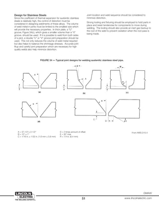 51
GMAW
www.lincolnelectric.com
Design for Stainless Steels
Since the coefficient of thermal expansion for austenitic stainless
steels is relatively high, the control of distortion must be
considered in designing weldments of these alloys. The volume
of weld metal in joints must be limited to the smallest size which
will provide the necessary properties. In thick plate, a “U”
groove, Figure 34(c), which gives a smaller volume than a “V”
groove, should be used. If it is possible to weld from both sides
of a joint, a double “U” or “V” groove joint preparation should be
used. This not only reduces the volume of weld metal required
but also helps to balance the shrinkage stresses. Accurate joint
fitup and careful joint preparation which are necessary for high
quality welds also help minimize distortion.
Joint location and weld sequence should be considered to
minimize distortion.
Strong tooling and fixturing should be employed to hold parts in
place and resist tendencies for components to move during
welding. The tooling should also provide an inert gas backup to
the root of the weld to prevent oxidation when the root pass is
being made.
FIGURE 34 — Typical joint designs for welding austenitic stainless steel pipe.
A = 37-1/2°± 2-1/2° D = 2 times amount of offset
B = 10° ± 1° E = 30° max
C = 1/16 in. ± 1/32 in. (1.6 mm ± 0.8 mm) R = 1/4 in. (6.4 mm)
From AWS D10.4
 