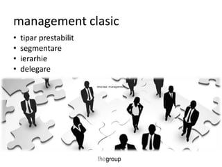 management clasic 
• tipar prestabilit 
• segmentare 
• ierarhie 
• delegare 
neoclasic management 
 
